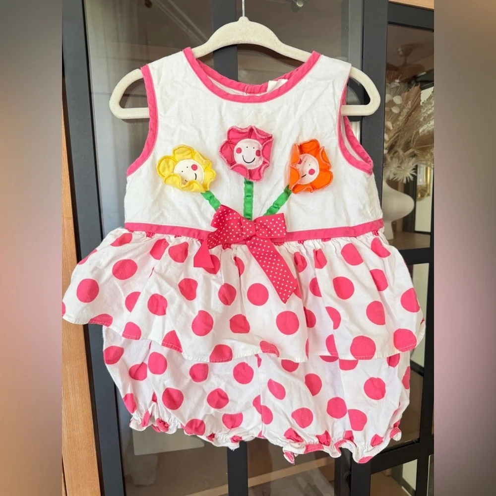 Vintage 90s Bubble romper flowers 3D applique embroidered polka dots baby girl